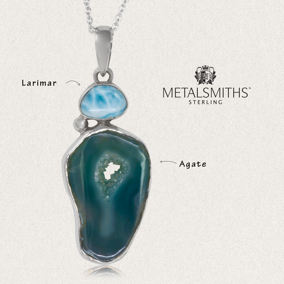 Sea Blue Agate Slice with Larimar Accent Pendant