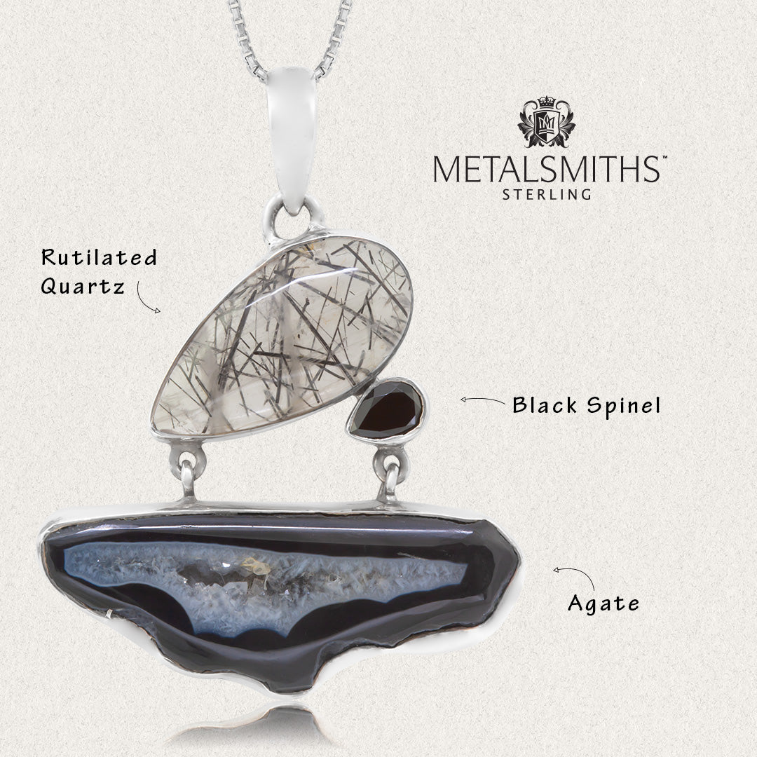 Black Agate and Rutilated Quartz Pendant