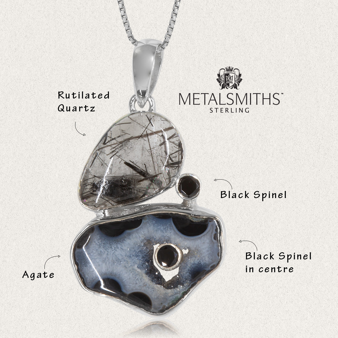 Black Agate, Rutilated Quartz and Black Spinel Pendant