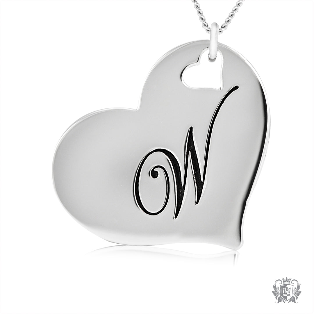 Engraved Letter W Initial Heart Pendant